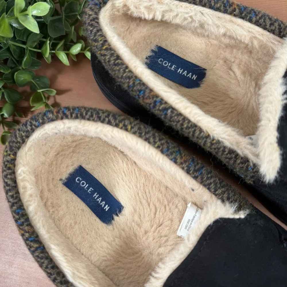 Cole Haan Mens Moccasin Black Faux Fur Lined Slipper Size 9-10